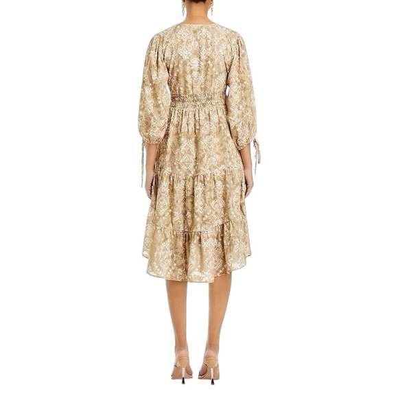 Cupio Boho Smocked Ikat Midi Dress Tiered Flowy V Neck Brown Tan XL NWT - Picture 3 of 16